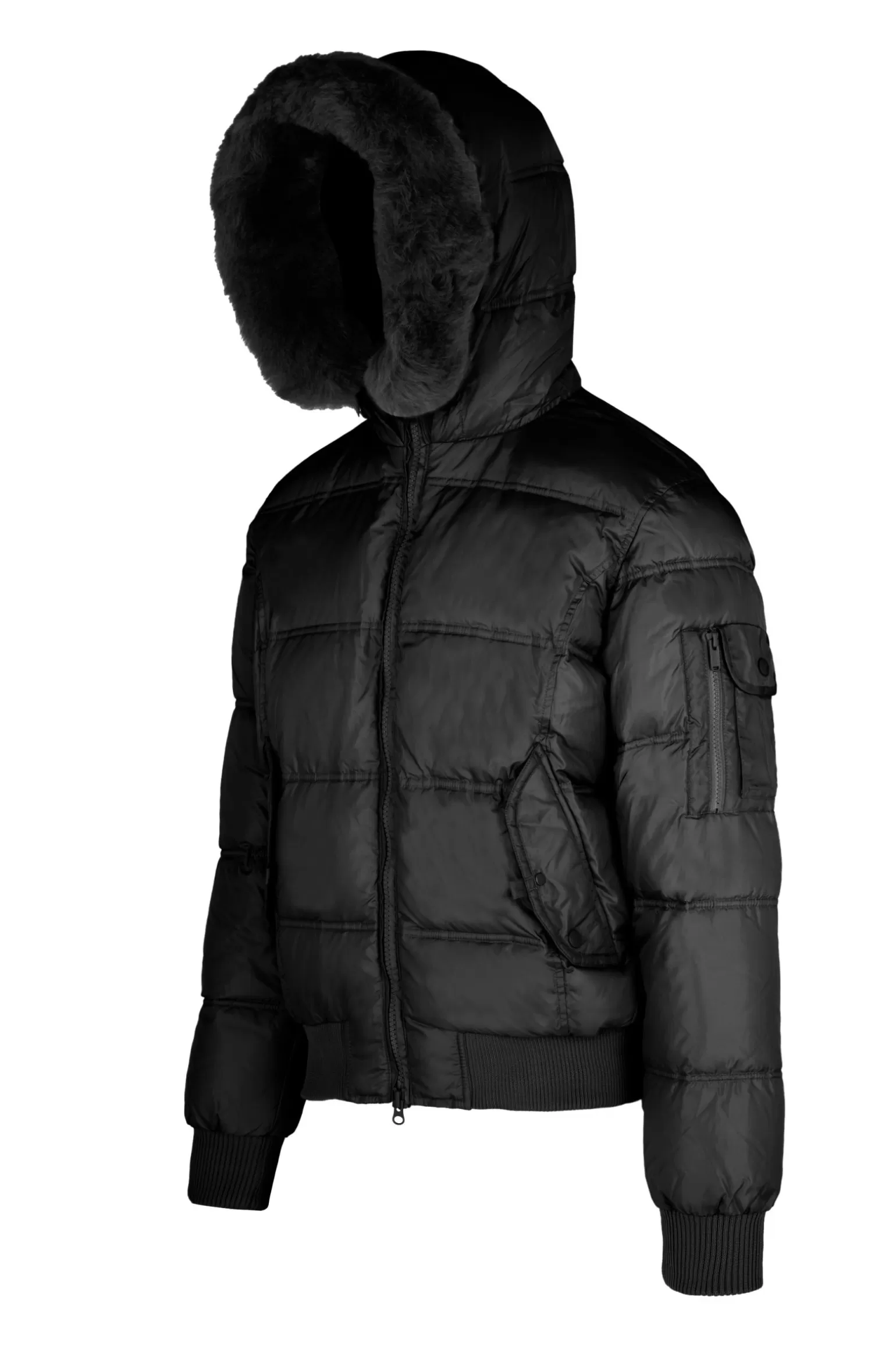 Bomboogie Bomber*Down Padded Bomber Jacket With Hood Featuring Genuine Black Fur Trim