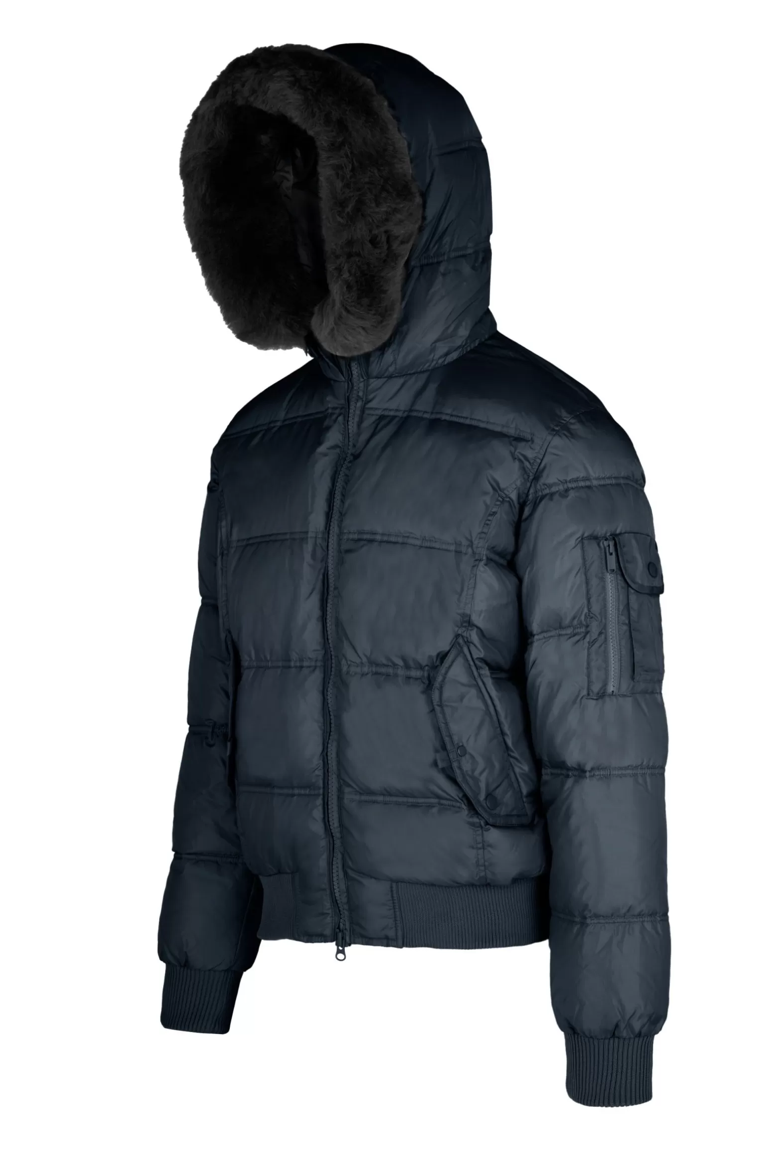 Bomboogie Bomber*Down Padded Bomber Jacket With Hood Featuring Genuine Black Fur Trim